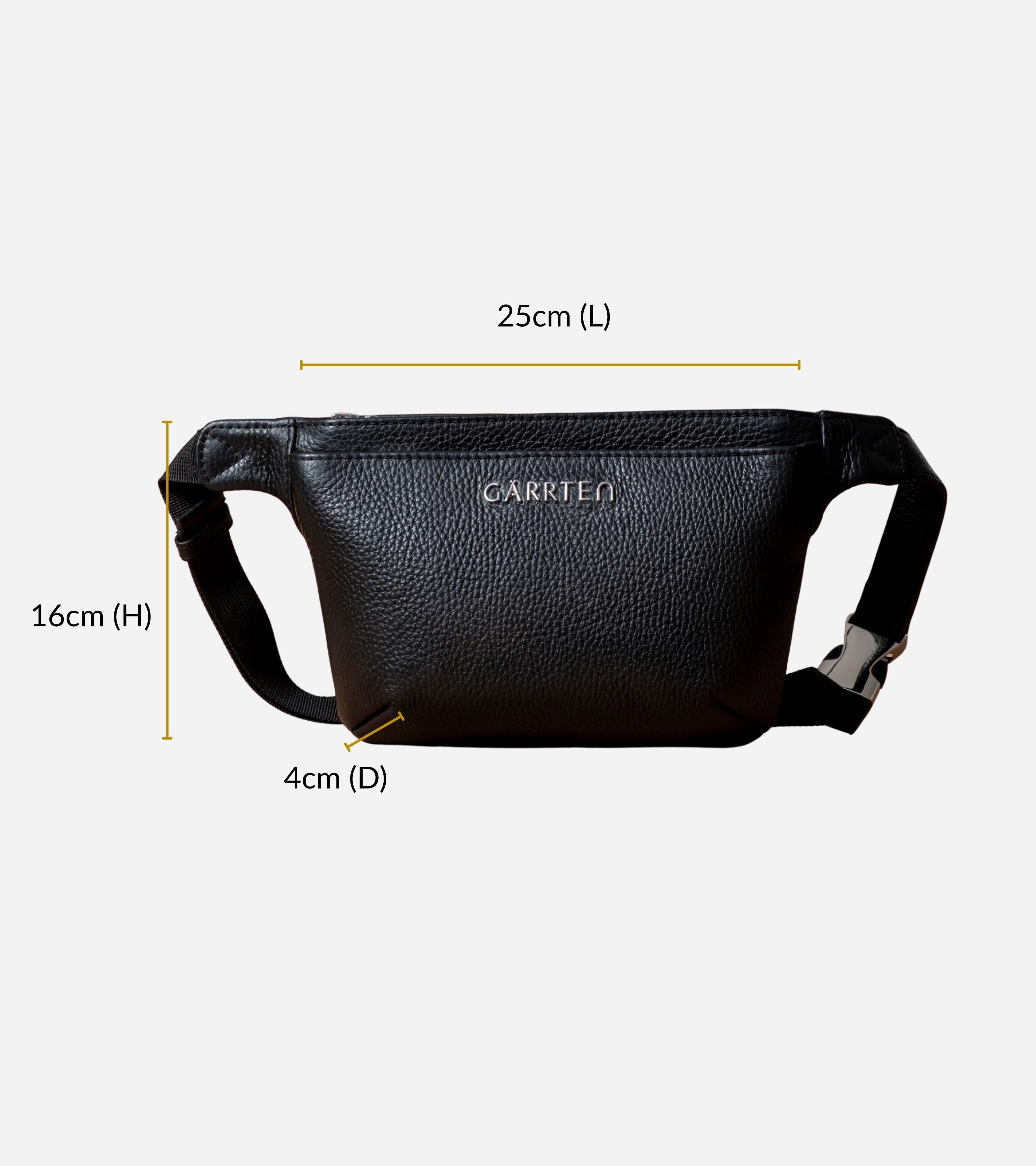 GARRTEN 528 belt bag or fanny pack in carbon black leather with measurements on a white background