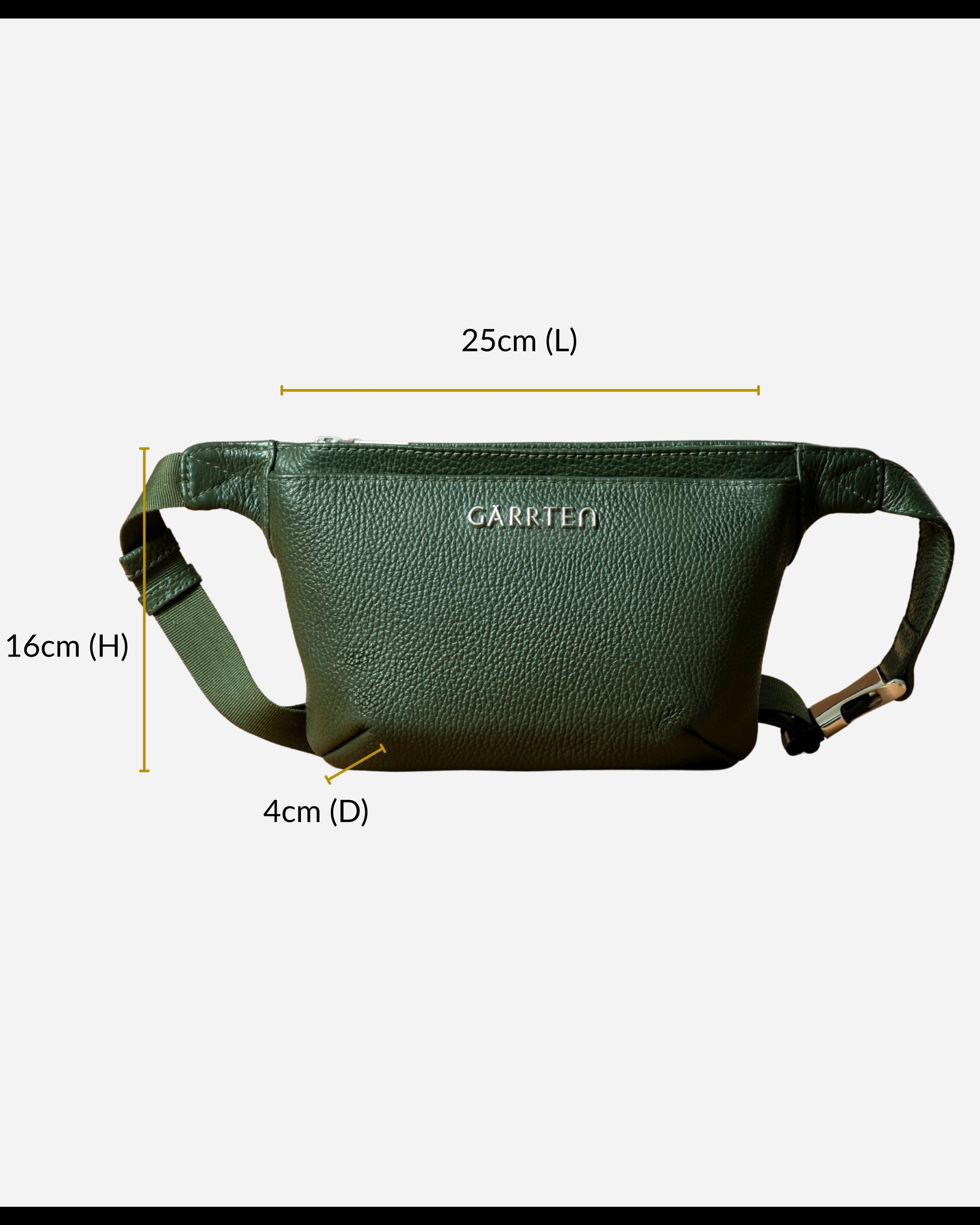 GARRTEN 528 belt bag or fanny pack in forest green leather with measurements on a white background