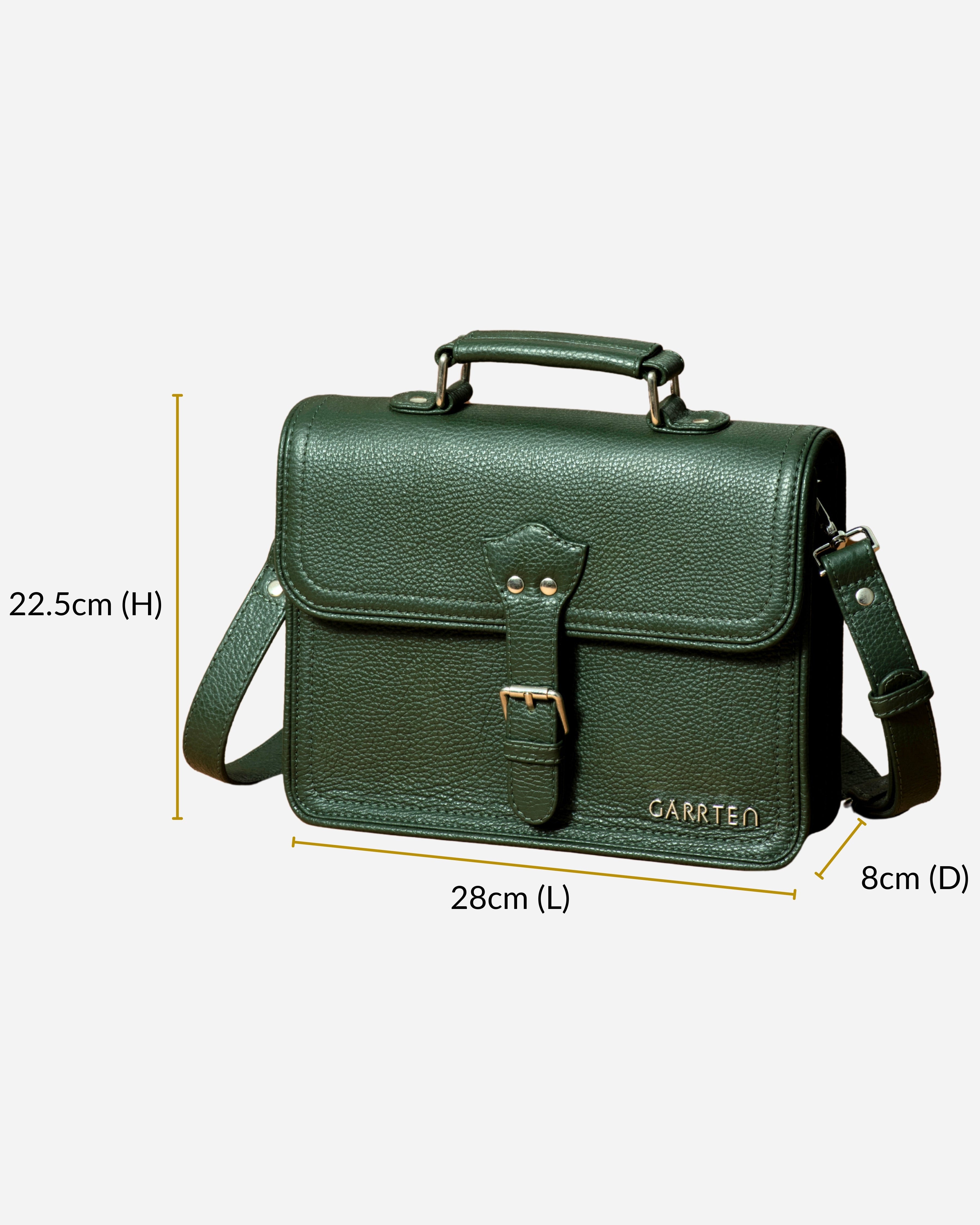 GARRTEN 538 satchel bag in forest green leather with bag dimensions on a white background