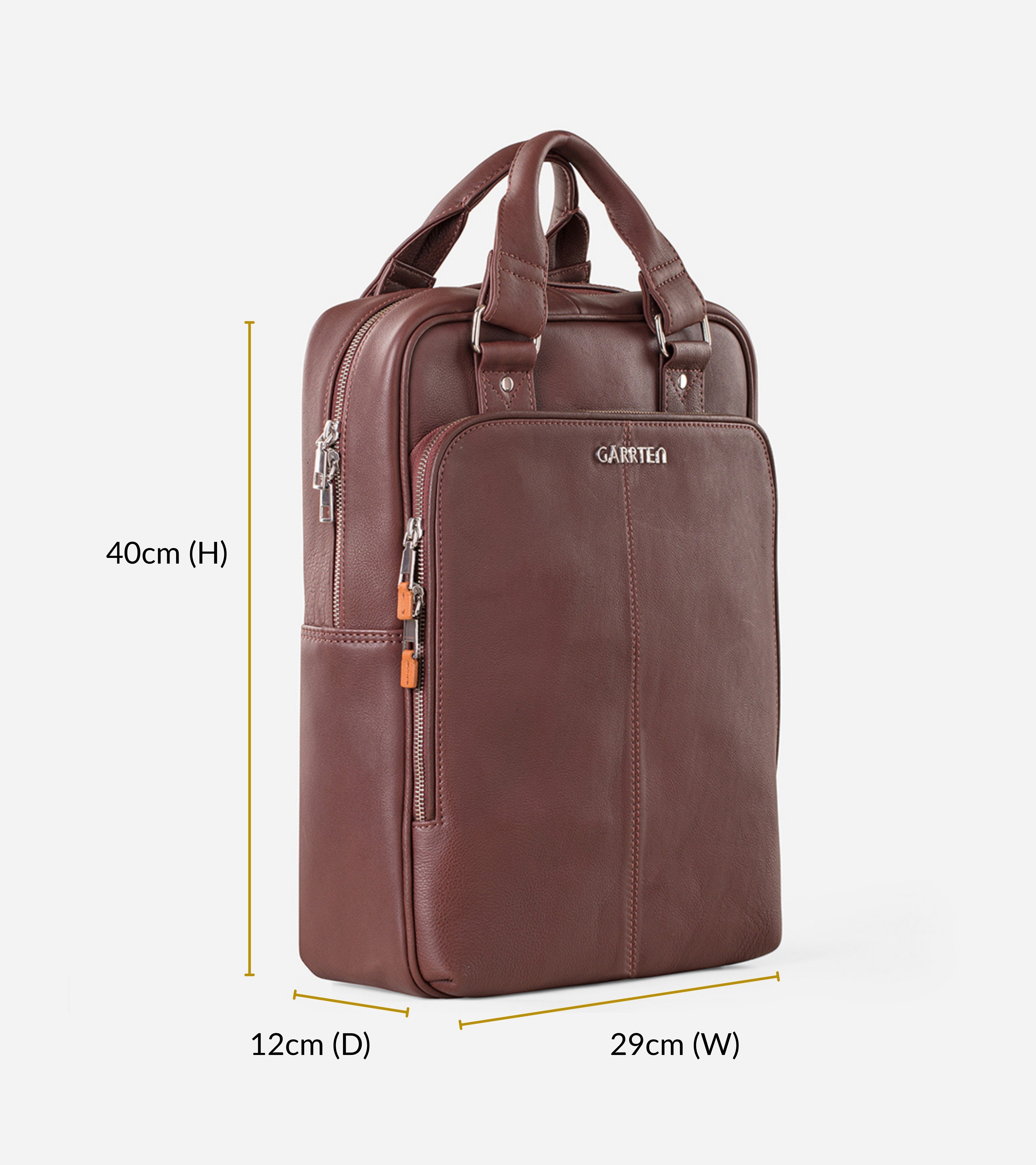 GARRTEN 721 signature style backpack in vintage mahogany brown leather with measurements on a white background