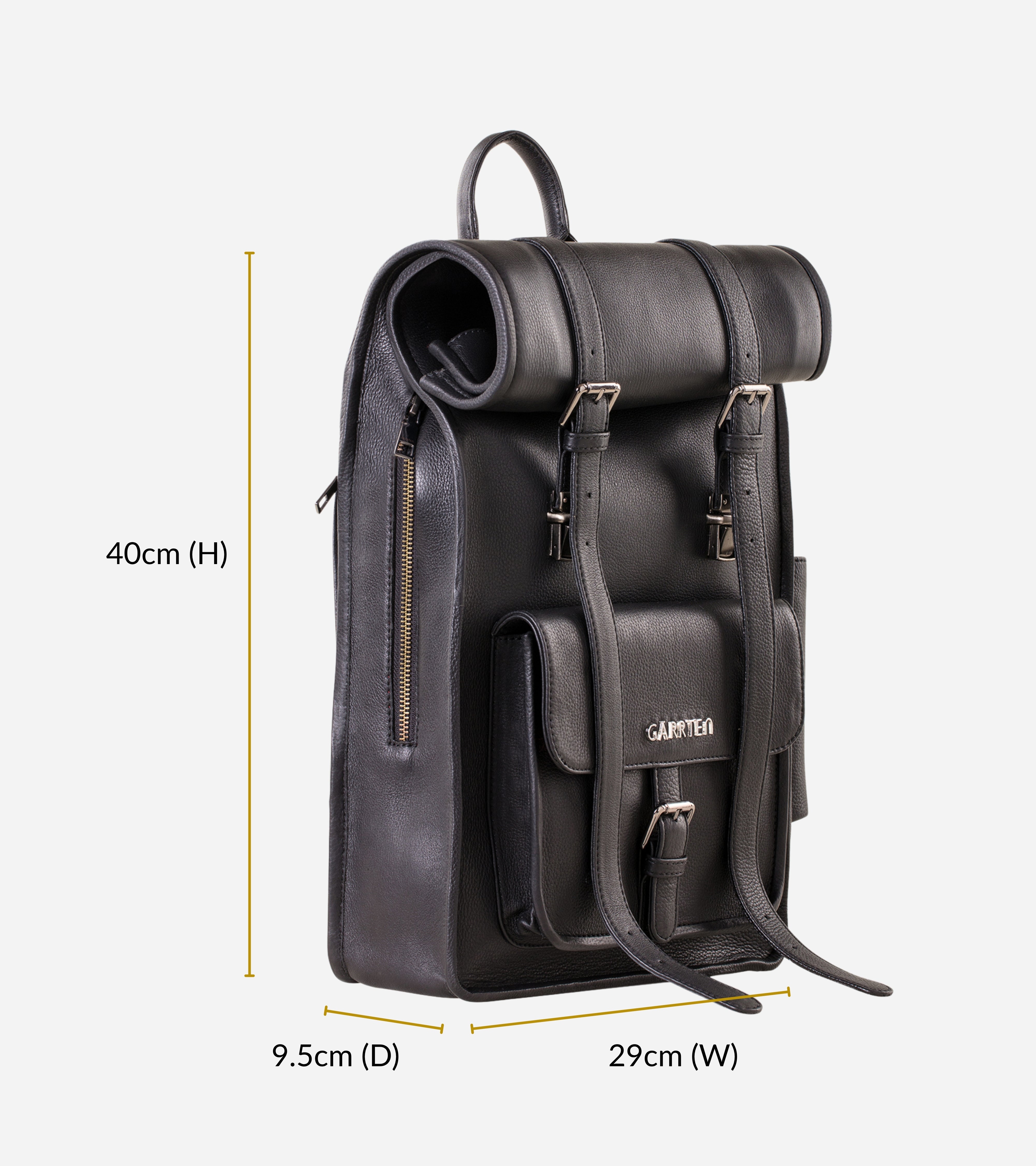 GARRTEN 751 rolltop style backpack in carbon black leather with measurements on a white background