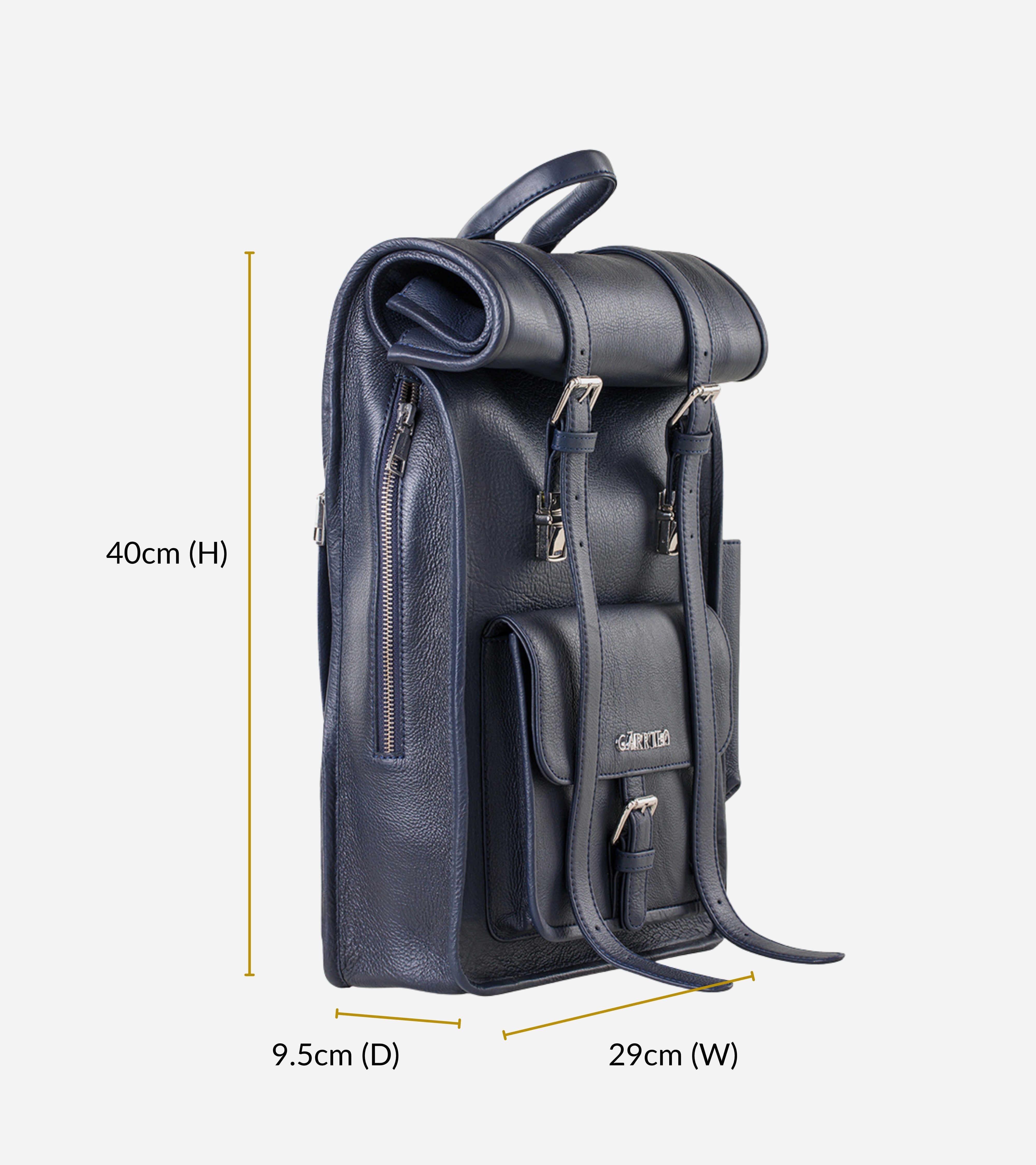 GARRTEN 751 rolltop style backpack in midnight blue leather with measurements on a white background