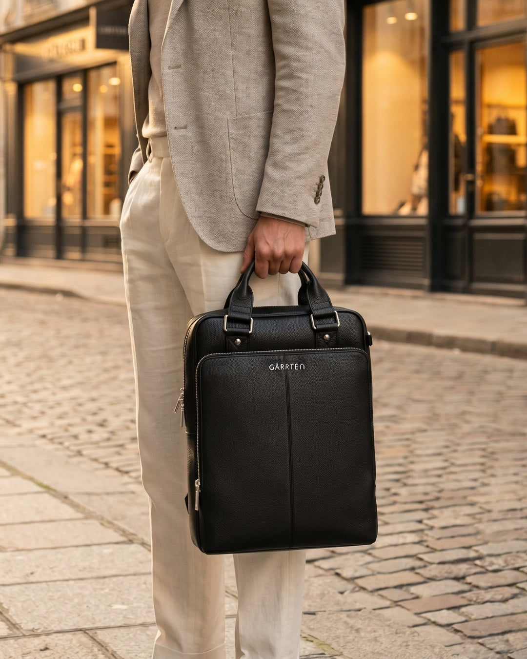 Man holding GARRTEN 821 Signature style leather backpack as a tote with 'GARRTEN' branding on a city street.