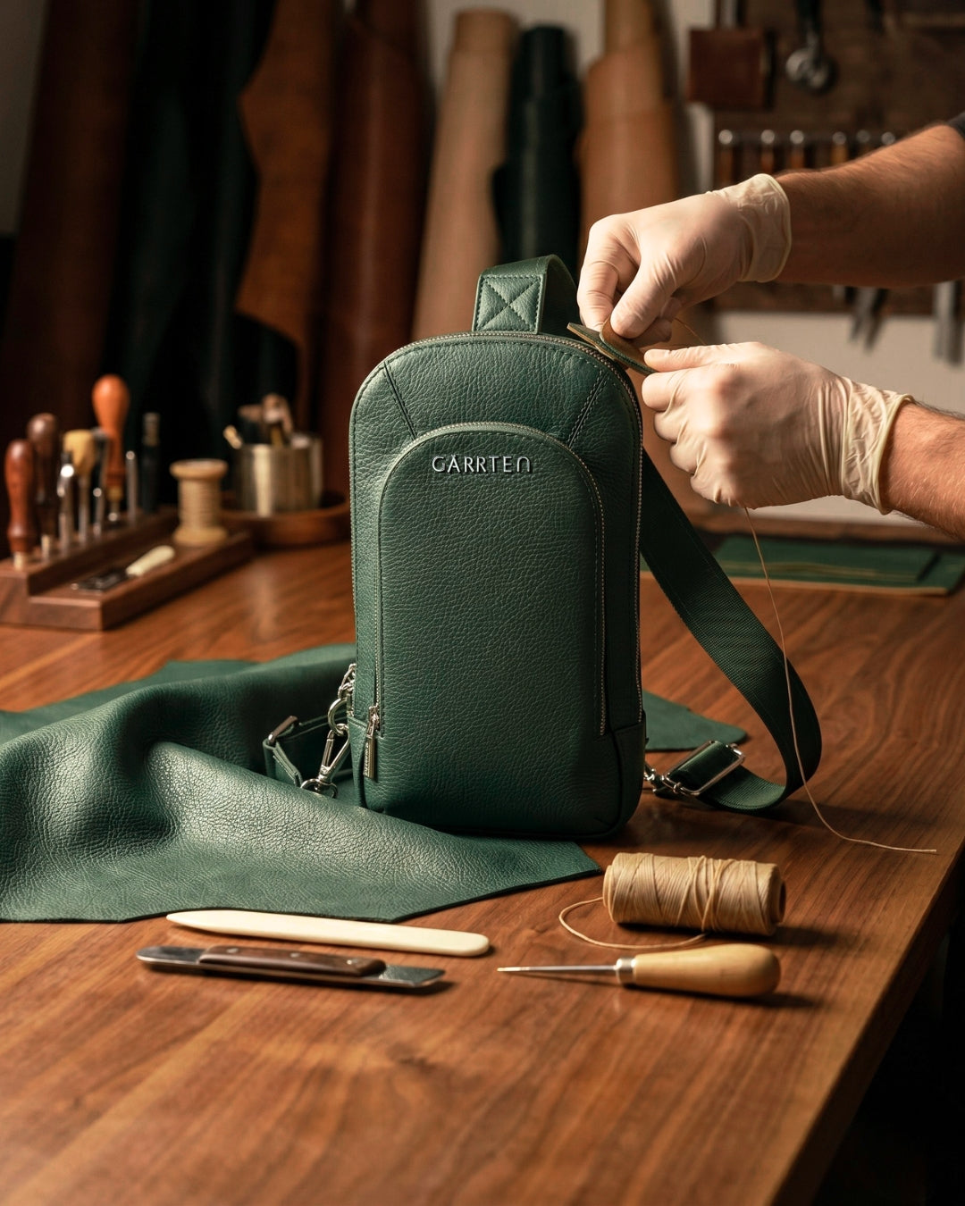 Craftsman working on GARRTEN 518 green leather crossbody sling bag with tools and materials on a wooden table.