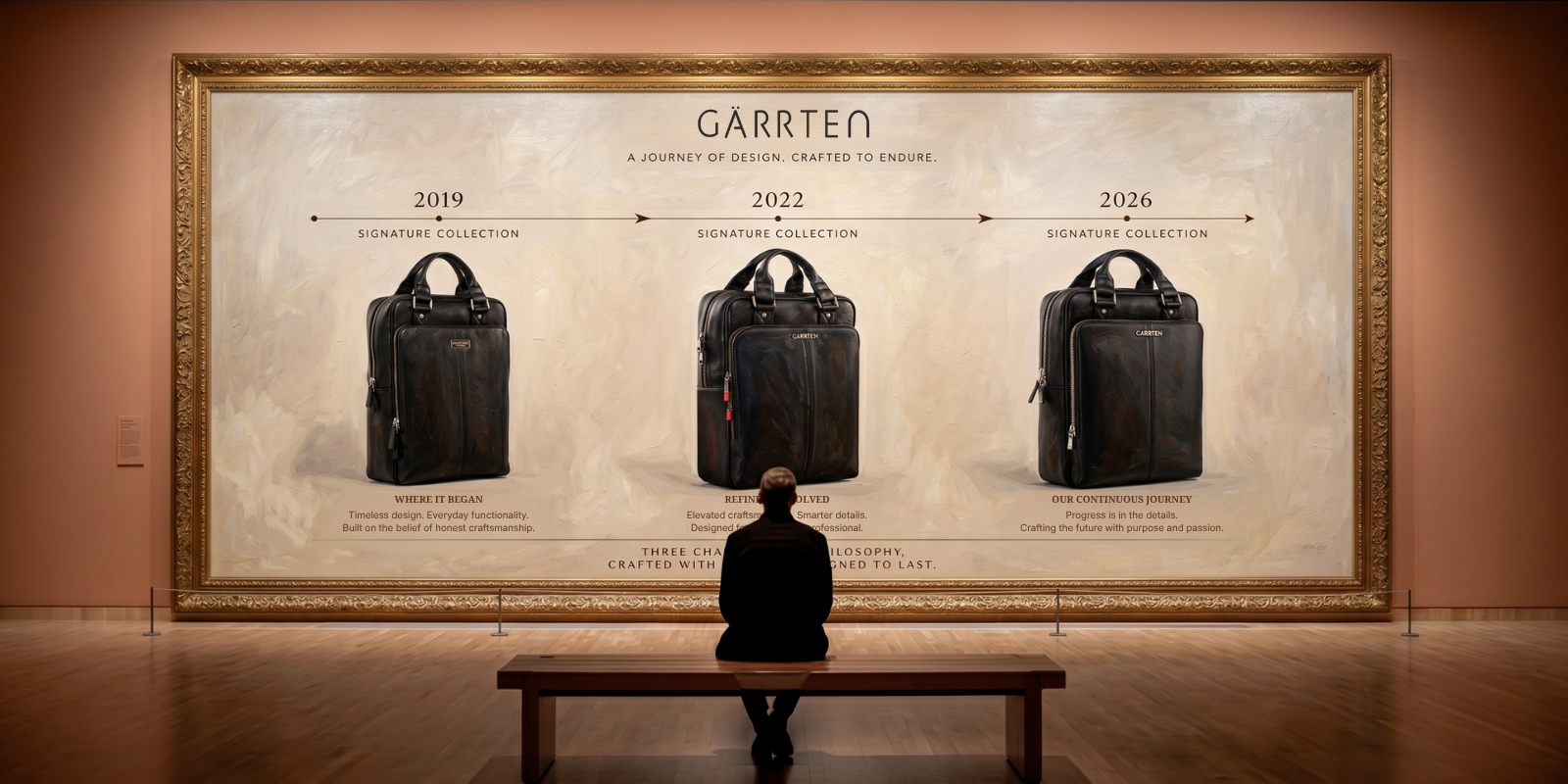 Person sitting on a museam bench in front of a large framed painting display of GARRTEN brand and bags with a timeline from 2019 to 2026.