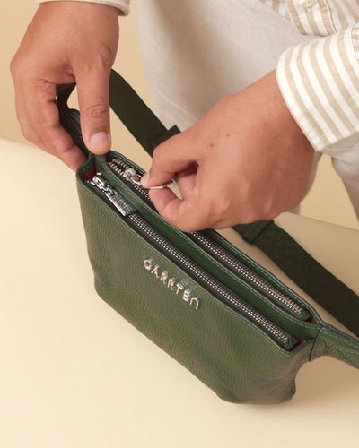 GARRTEN 528 forest green Italian leather belt bag — product video thumbnail showing waist, crossbody and shoulder wear styles