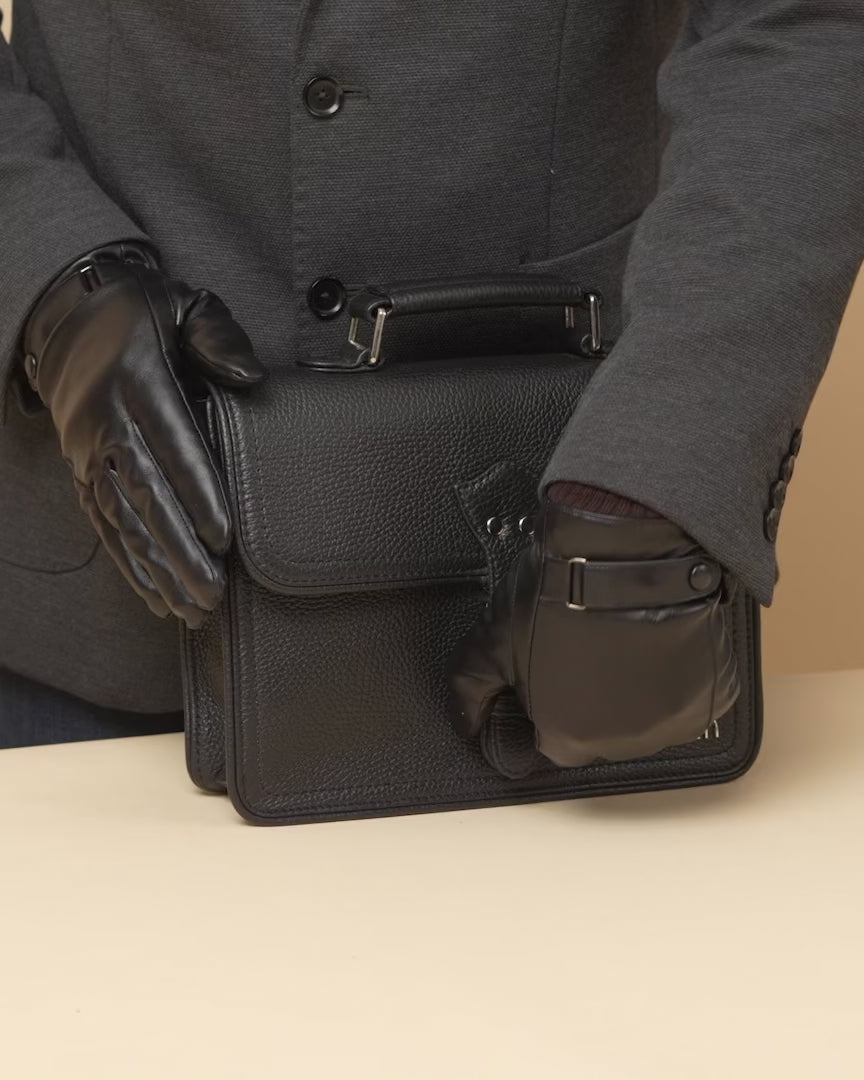 GARRTEN 538 carbon black italian leather satchel bag — product video thumbnail showing magnetic snap buckle operation, strap adjustment and interior compartments