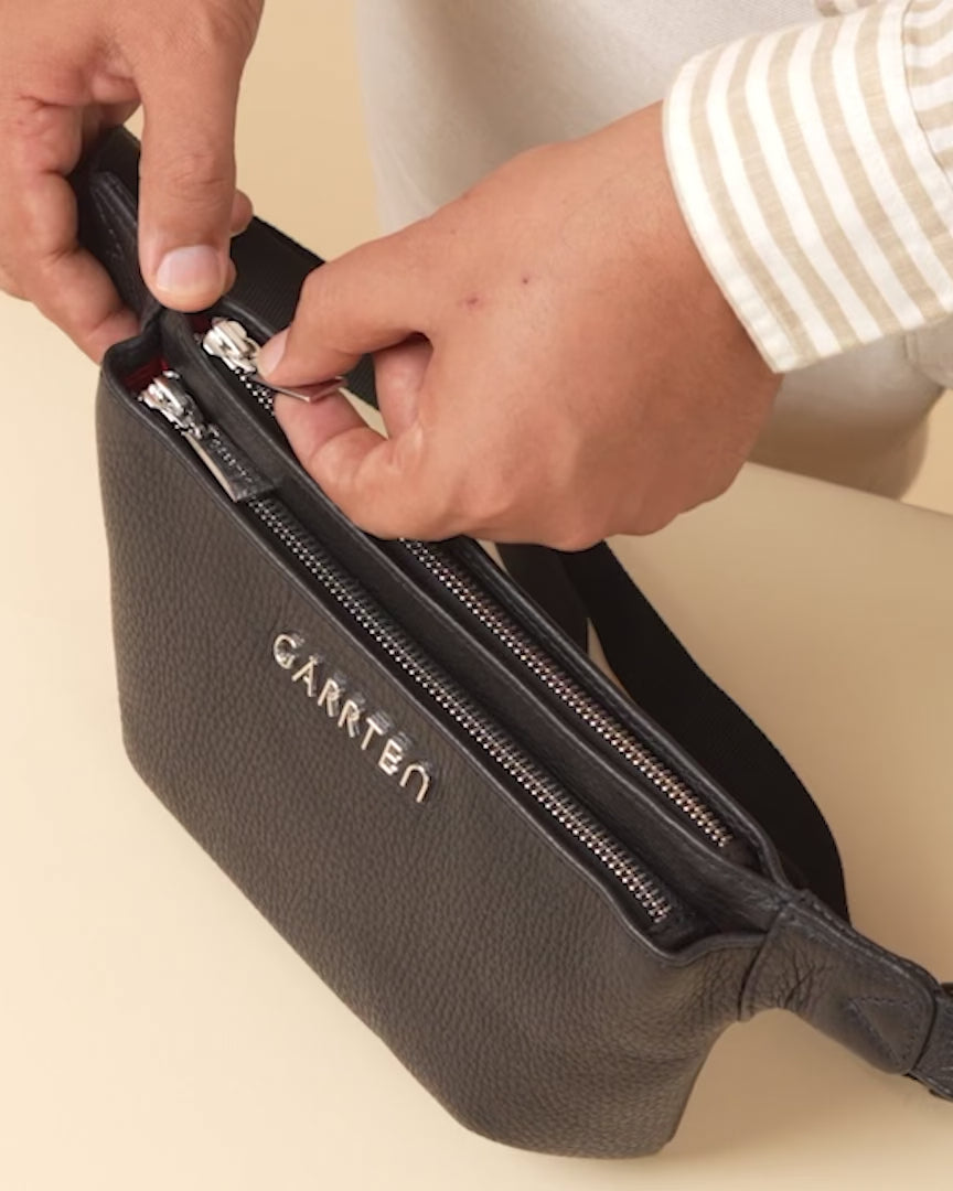 GARRTEN 528 carbon black Italian leather belt bag — product video thumbnail showing waist, crossbody and shoulder wear styles