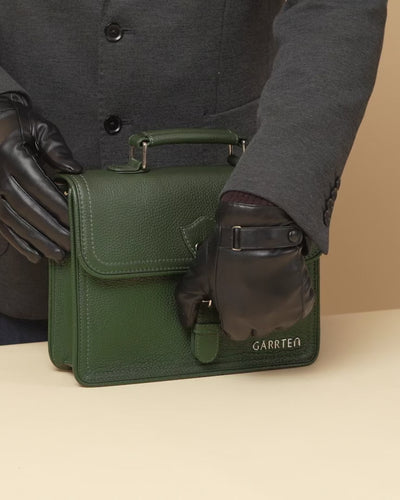 GARRTEN 538 forest green Italian leather satchel bag — product video thumbnail showing magnetic snap buckle operation, strap adjustment and interior compartments