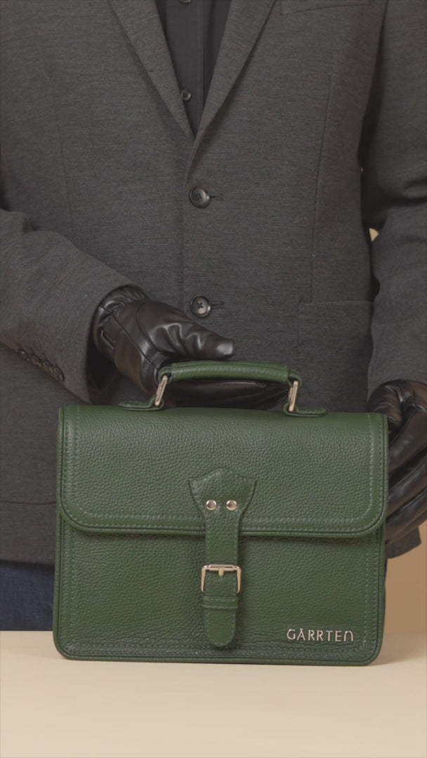GARRTEN 538 leather satchel crossbody bag in forest green — product video in vertical format showing bag features by a man in formal jacket attire