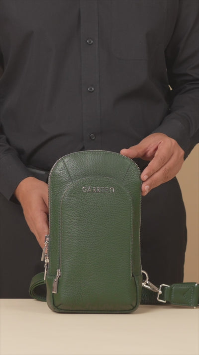 GARRTEN 518 leather crossbody sling in forest green— product video in vertical format showing bag features by a man in black formal attire
