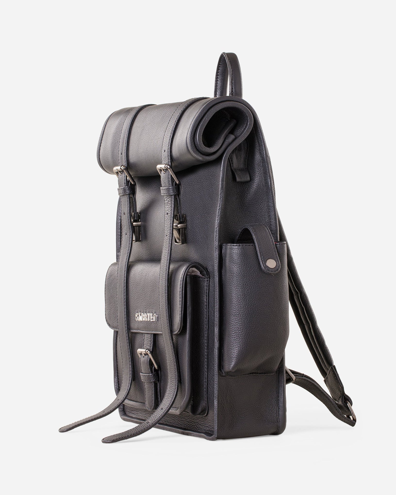 Black: right side view showing pocket of Garrten rolltop style full grain leather backpack