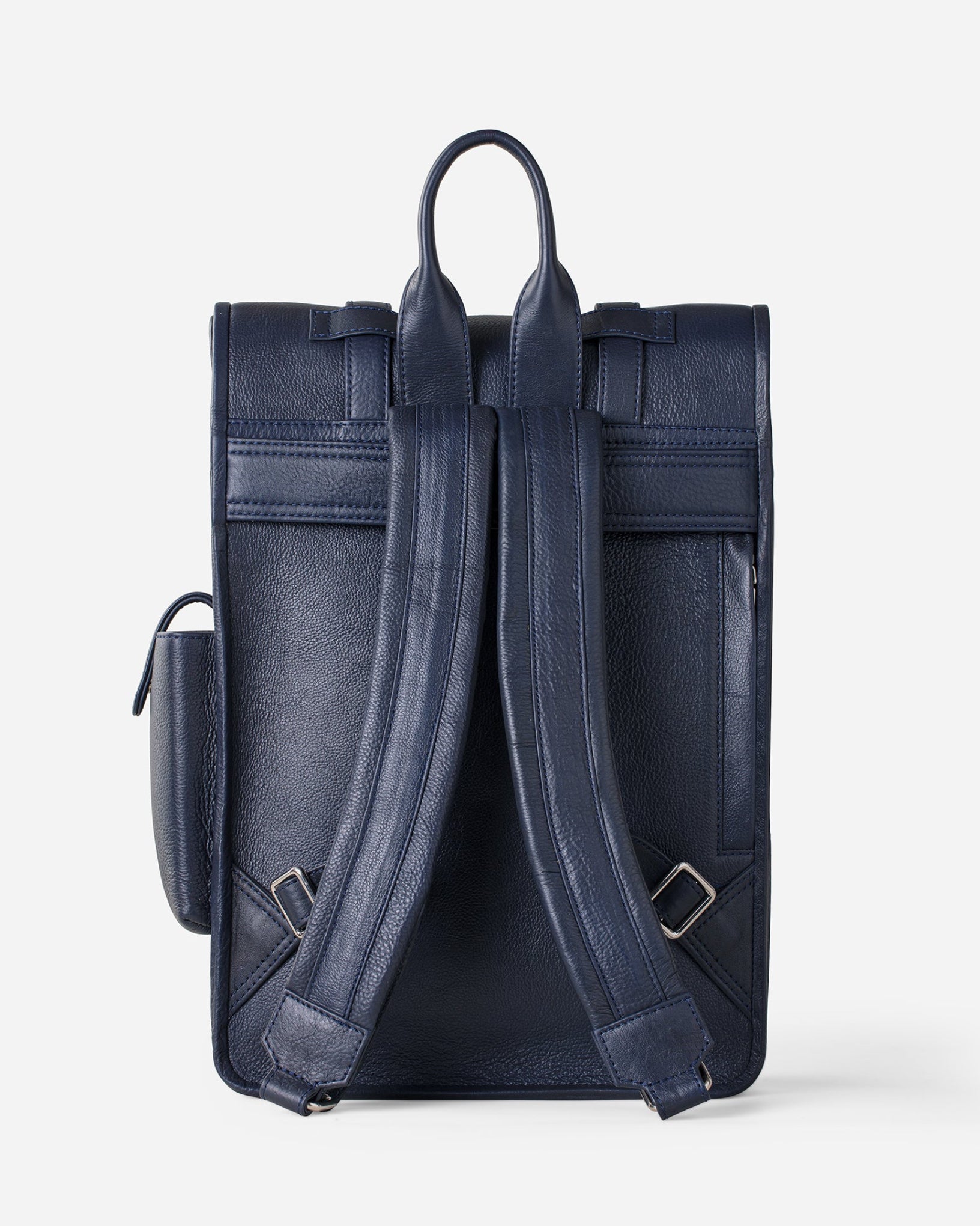 Midnight Blue: back view of Garrten rolltop style full grain leather backpack