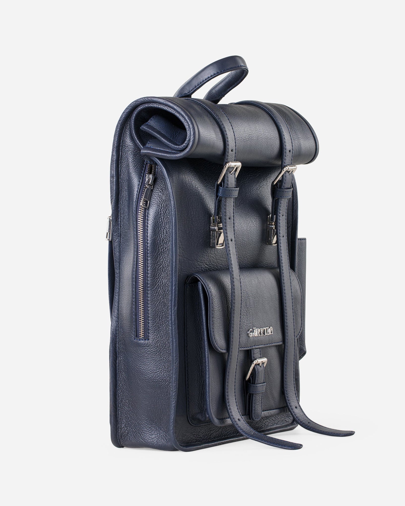 Midnight Blue: Tilt view showing quick access side zipper pocket to access interior of Garrten rolltop style full grain leather backpack 