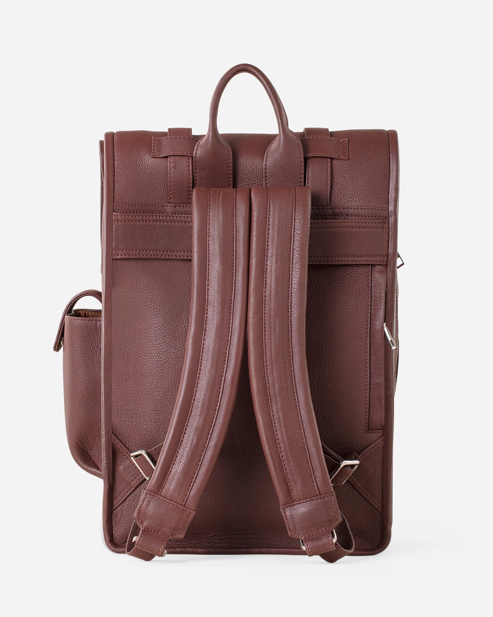 Vintage Mahogany Brown: back view of Garrten rolltop style full grain leather backpack
