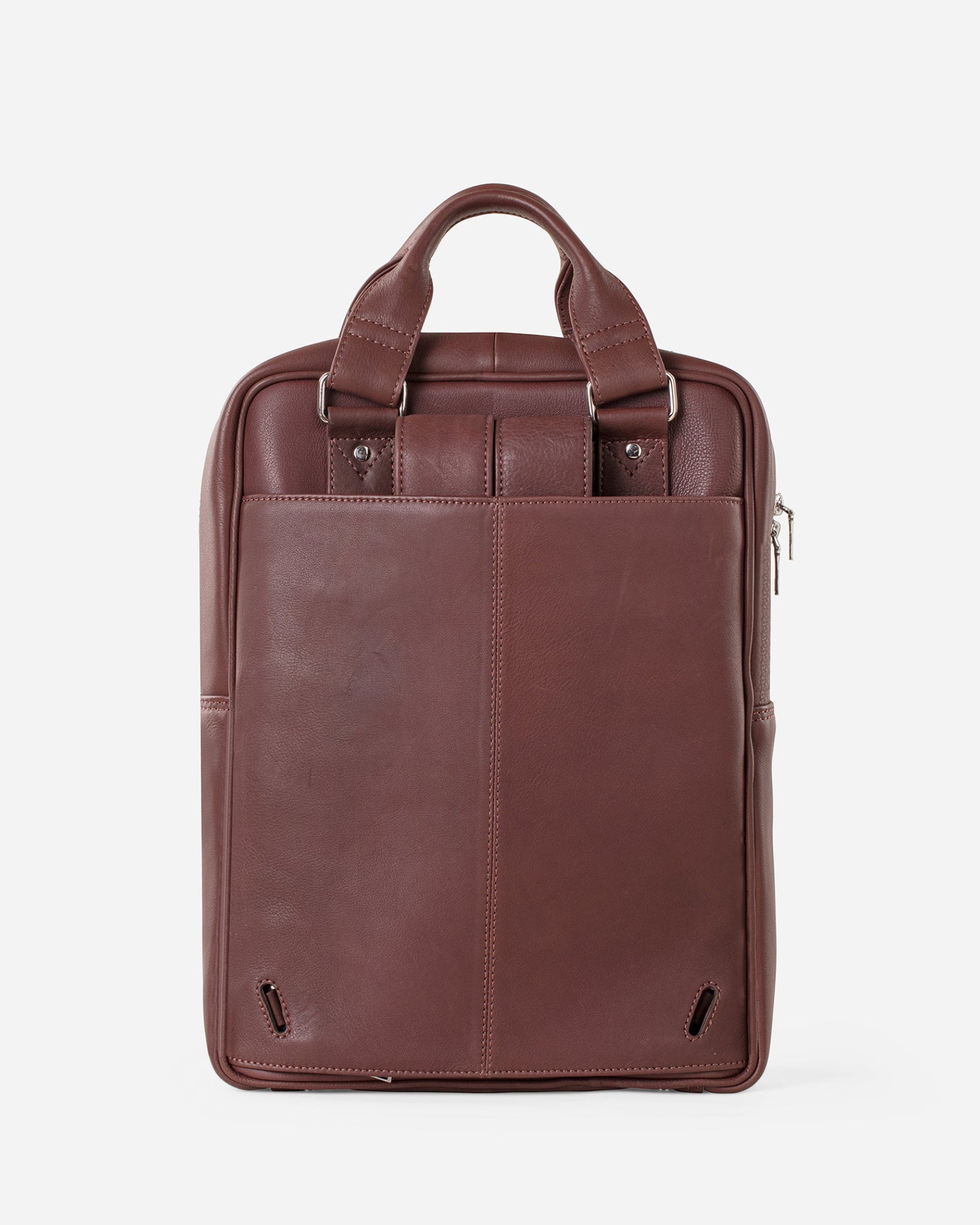 Vintage Mahogany Brown: back view of Garrten signature convertible full grain leather backpack