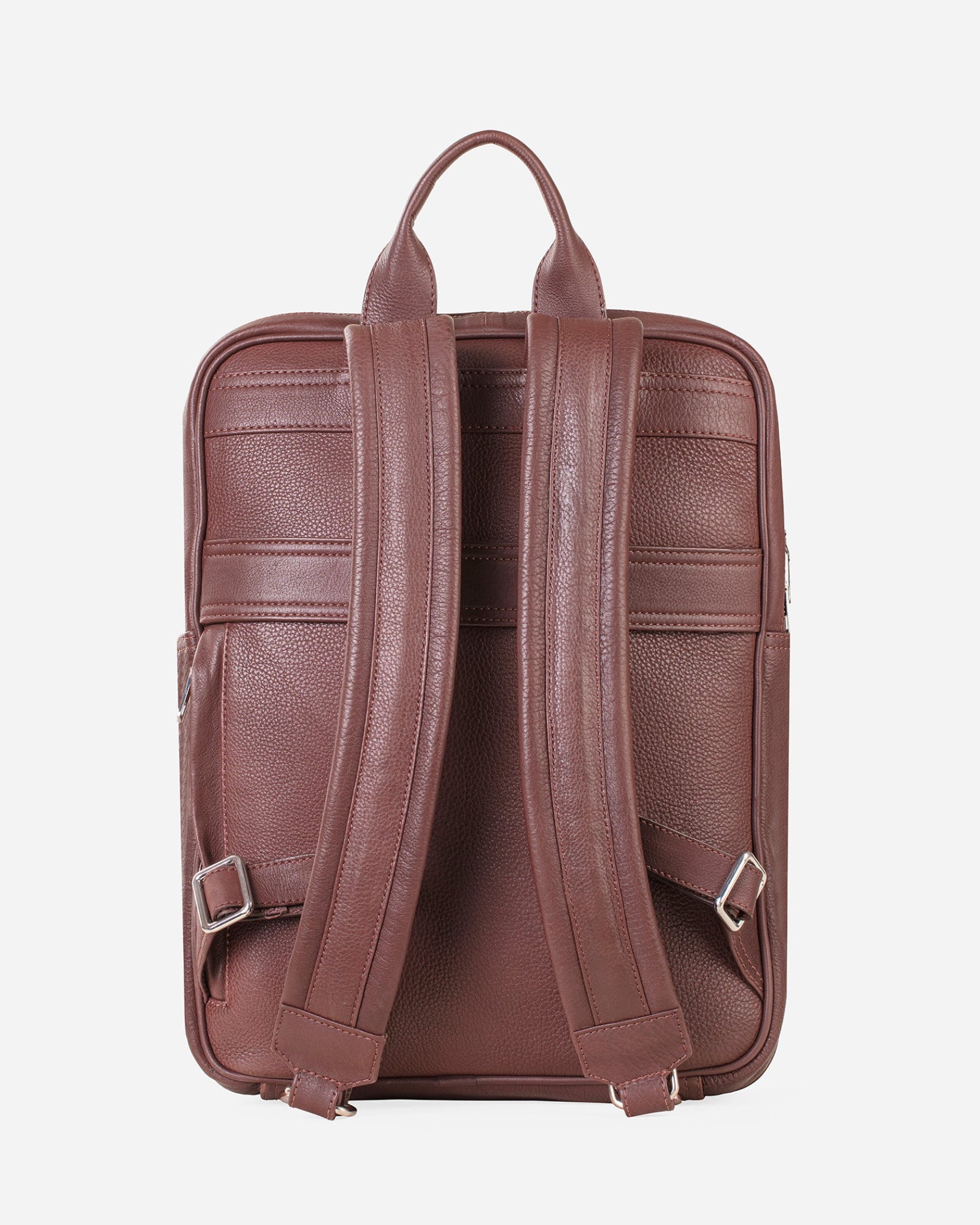 GARRTEN 731 slim full-grain leather backpack in vintage mahogany brown — back view showing quick-access hidden zip pocket and trolley sleeve pass-through, white background
