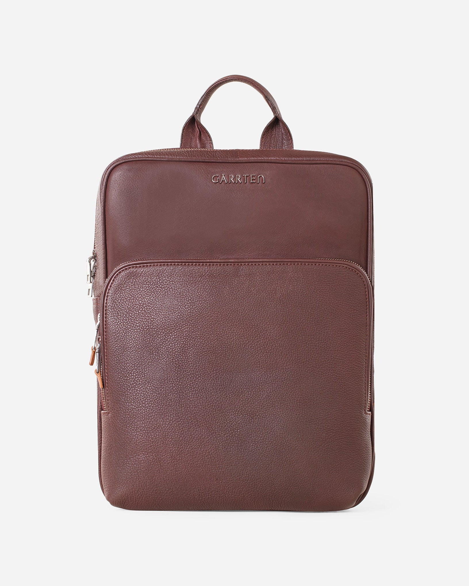 GARRTEN 731 slim full-grain leather backpack in vintage mahogany brown — front view showing double YKK auto-lock zipper closure, leather top handle and metal GARRTEN logo, white background