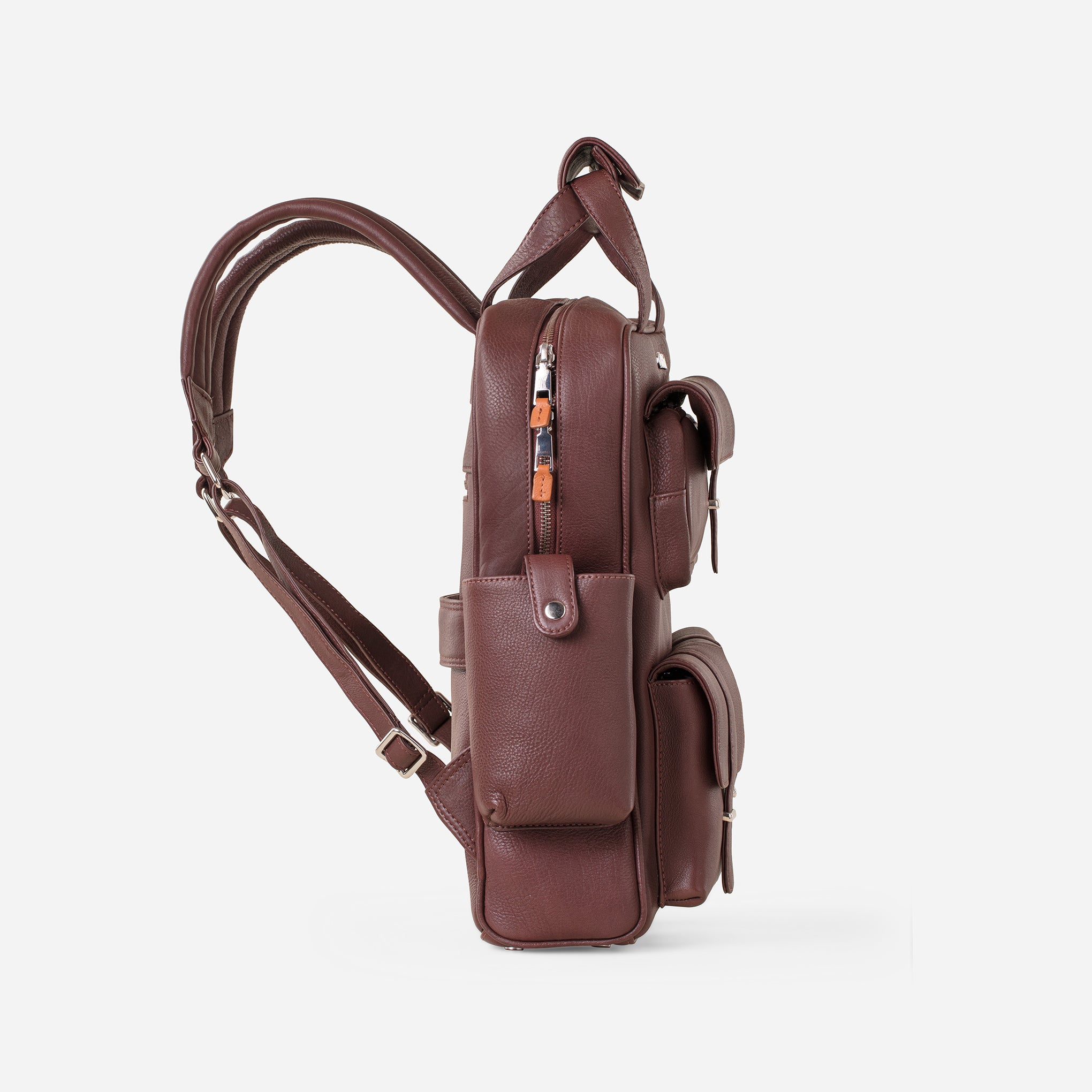 Vintage Mahogany Brown: side view with padded leather straps of Garrten travel full grain leather 