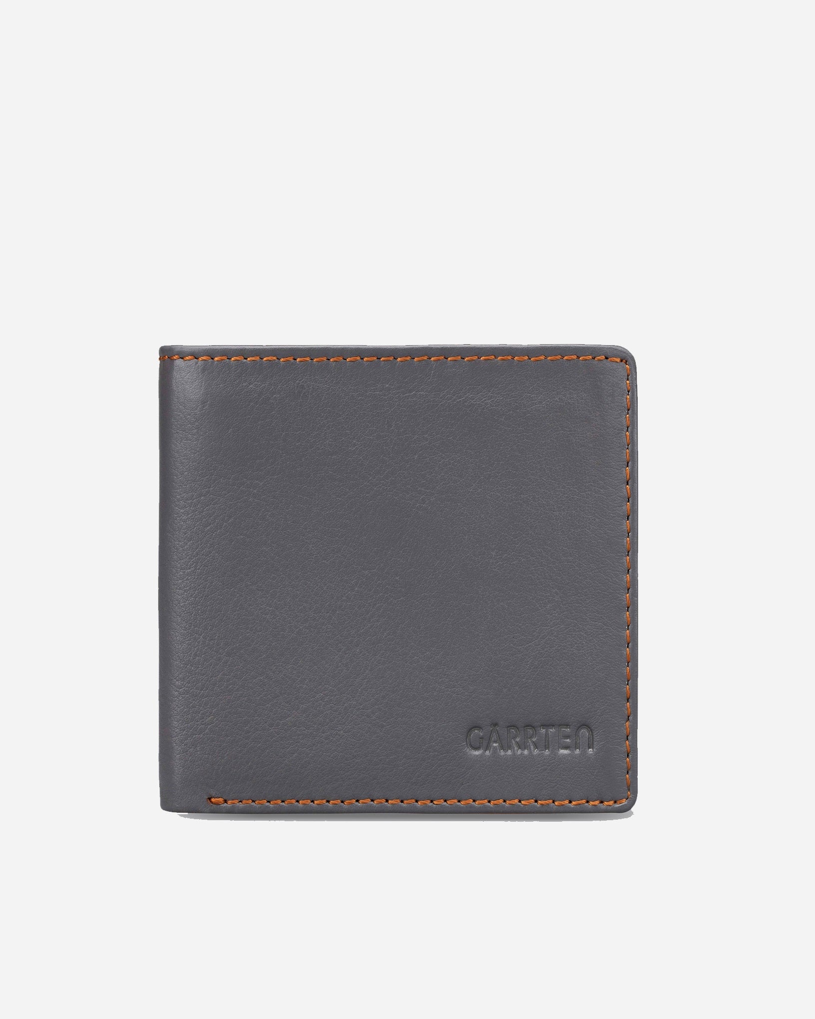 GARRTEN 219 slim single billfold full grain leather wallet — grey exterior front view with tan contrast stitching, white background