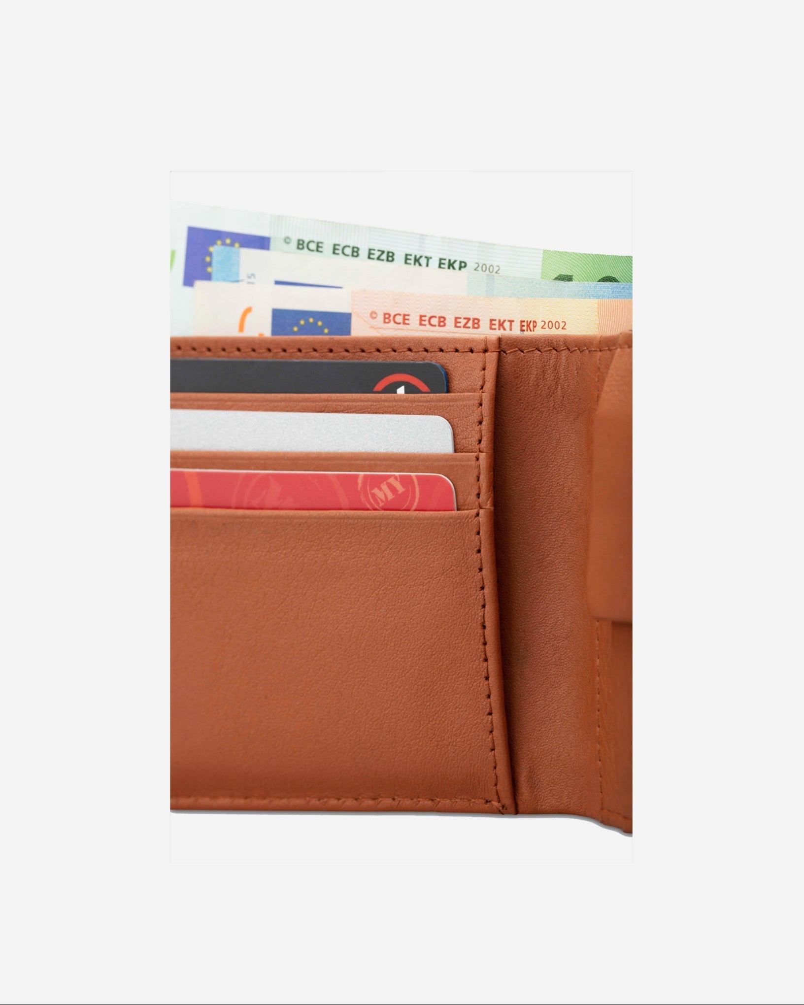 GARRTEN 219 slim full grain leather wallet — grey exterior with four card slots and tan interior lining visible