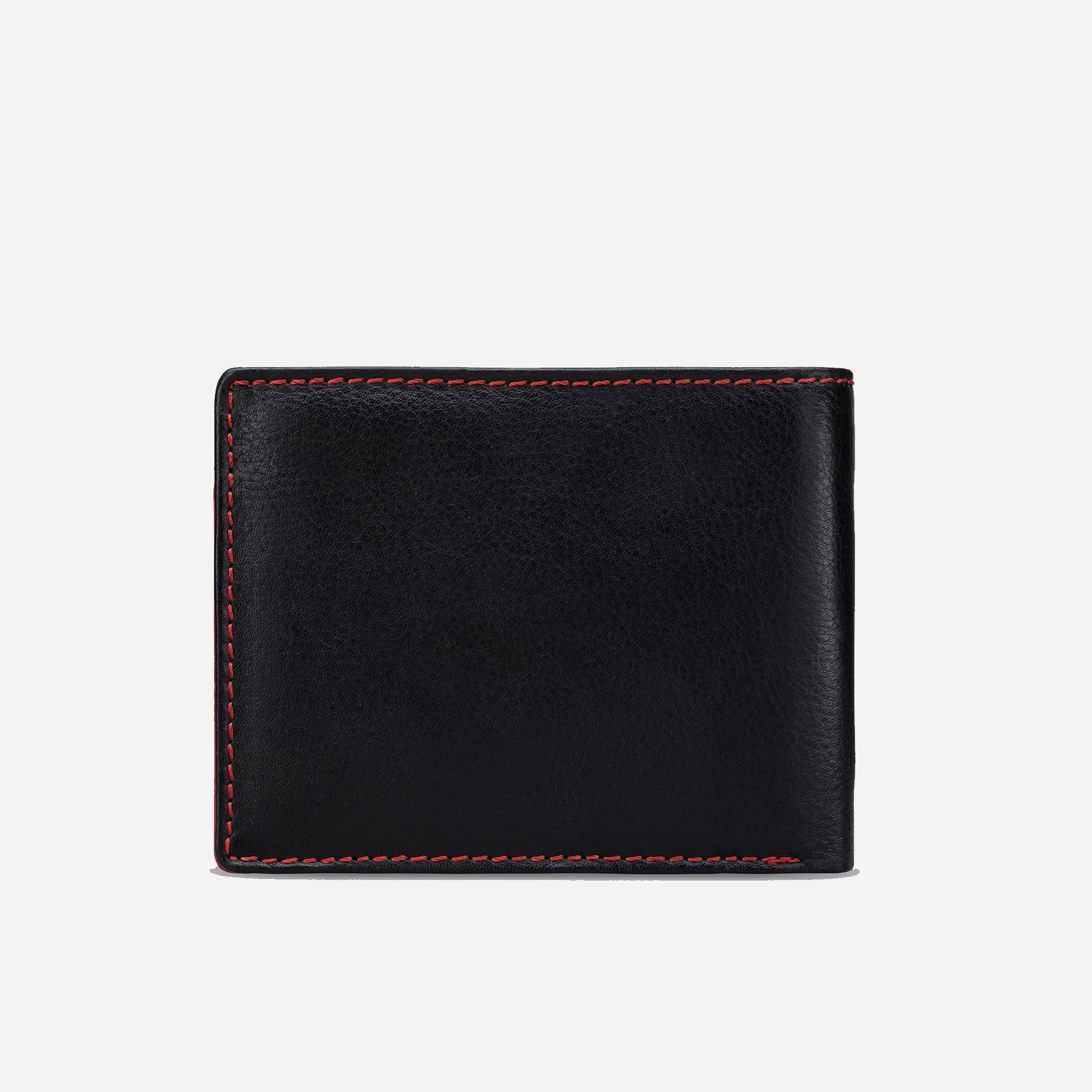 Black/Red: back view of Garrten full grain leather purse 