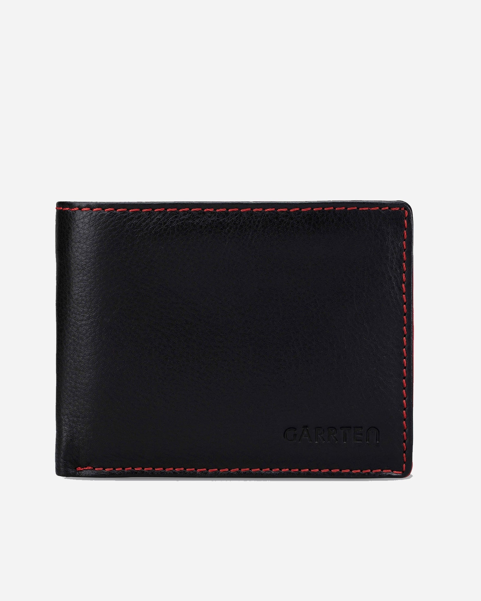 GARRTEN 219 full grain leather wallet — front view, black exterior with red thread contrast stitching and embossed logo, white background
