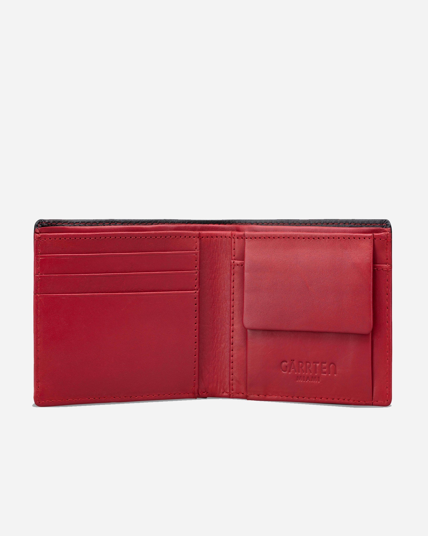 GARRTEN 219 full grain leather wallet open — red interior with snap-flap coin pocket, card slots and dual billfold compartments visible