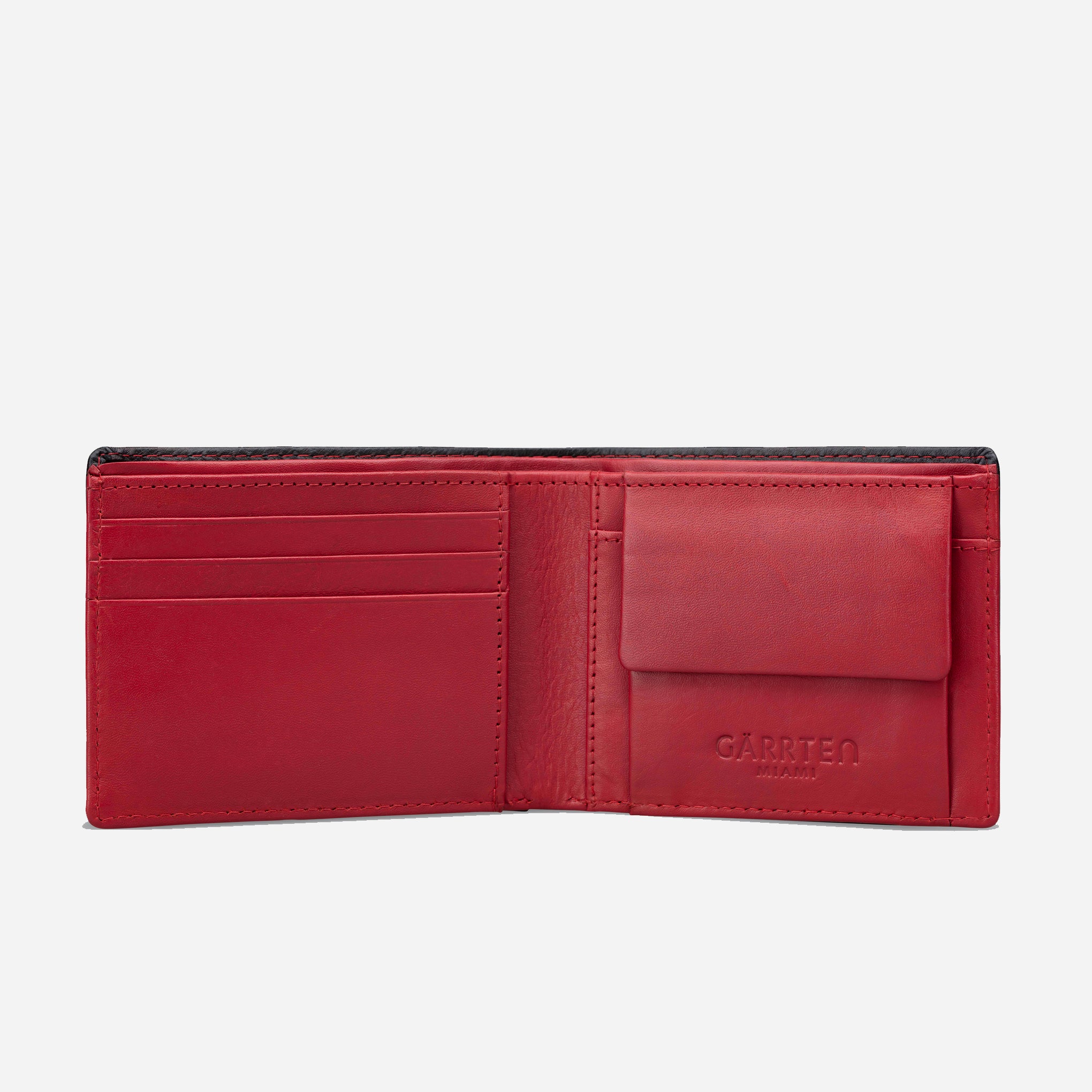 Black/Red: open wallet view with flap coin pocket of Garrten full grain leather purse 