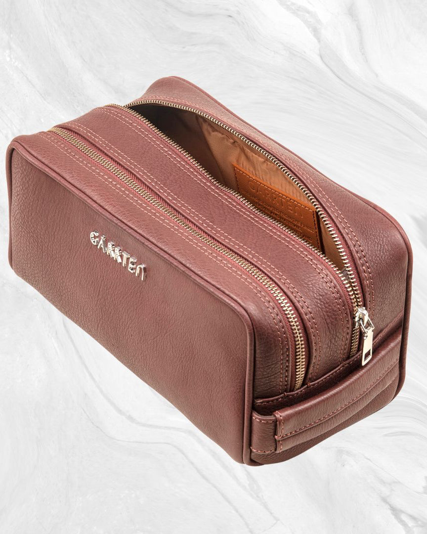 Mahogany Brown: tilted front view of Garrten full grain leather dopp kit