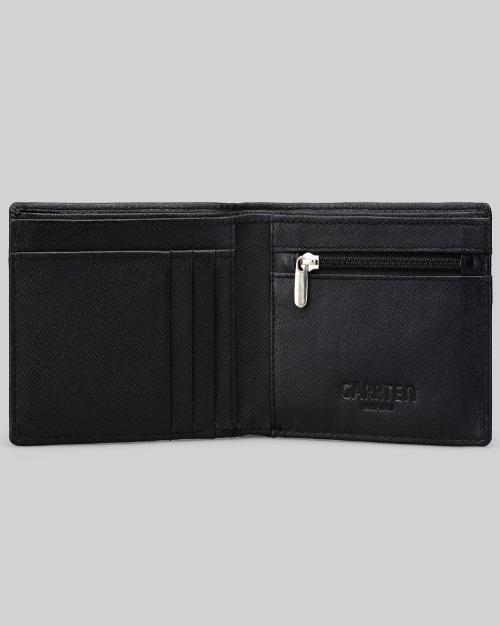 GARRTEN 319 saffiano leather wallet black — open interior view showing zipper coin pocket, card slots and leather billfold divider