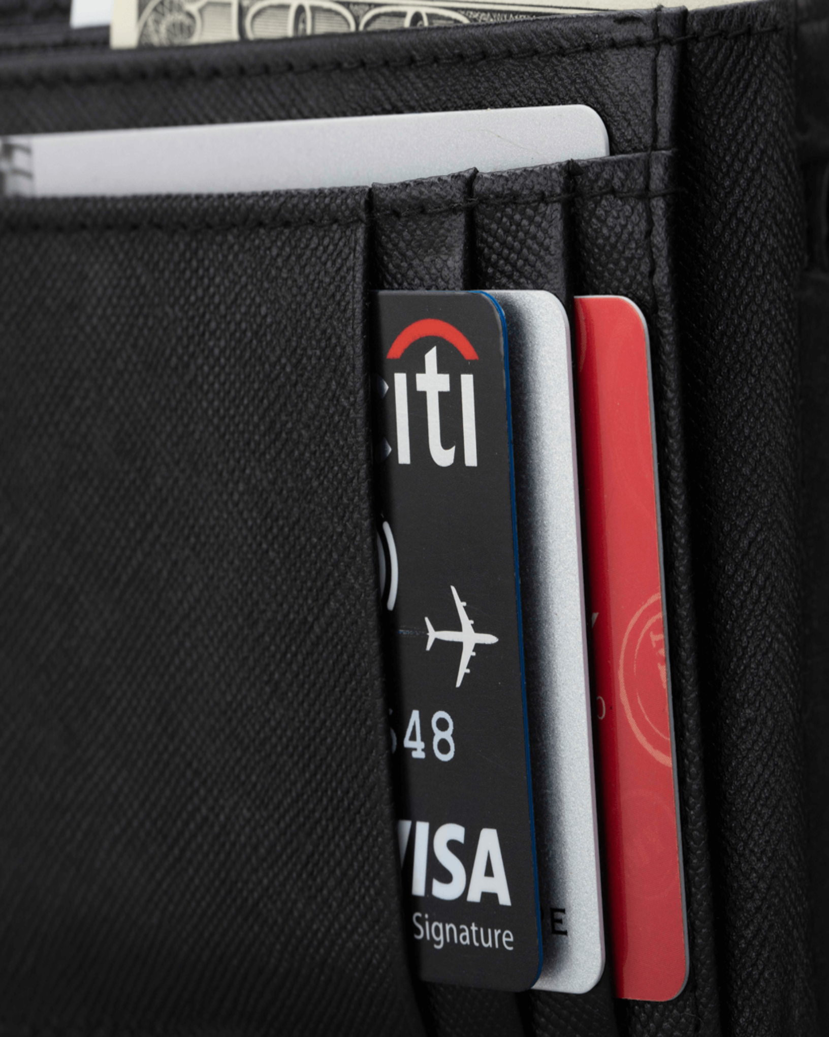 GARRTEN 319 saffiano leather wallet in black — five card slots view with hidden pocket, white background