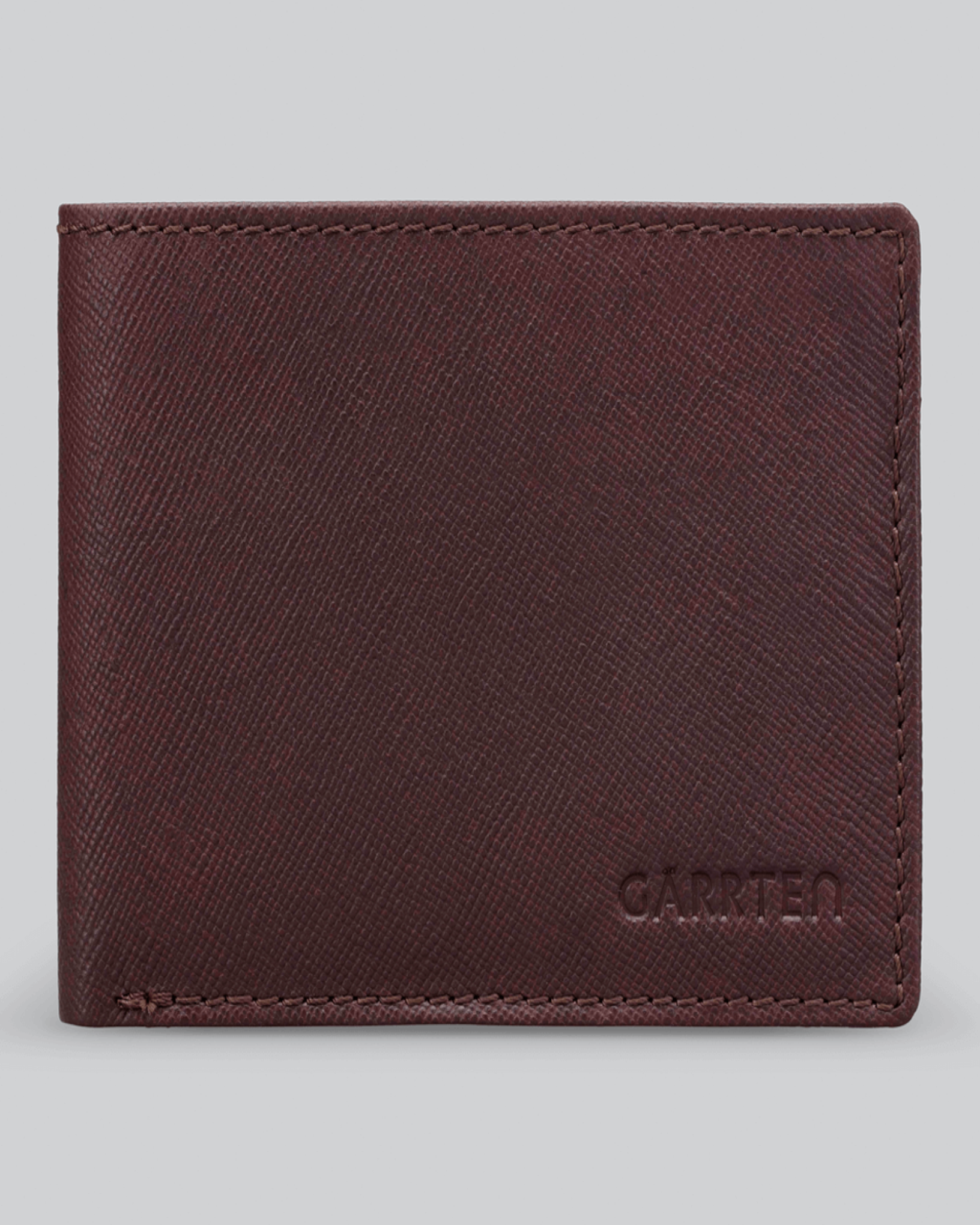 GARRTEN 319 saffiano leather wallet in chocolate — front view showing cross-hatch texture and embossed logo, white background