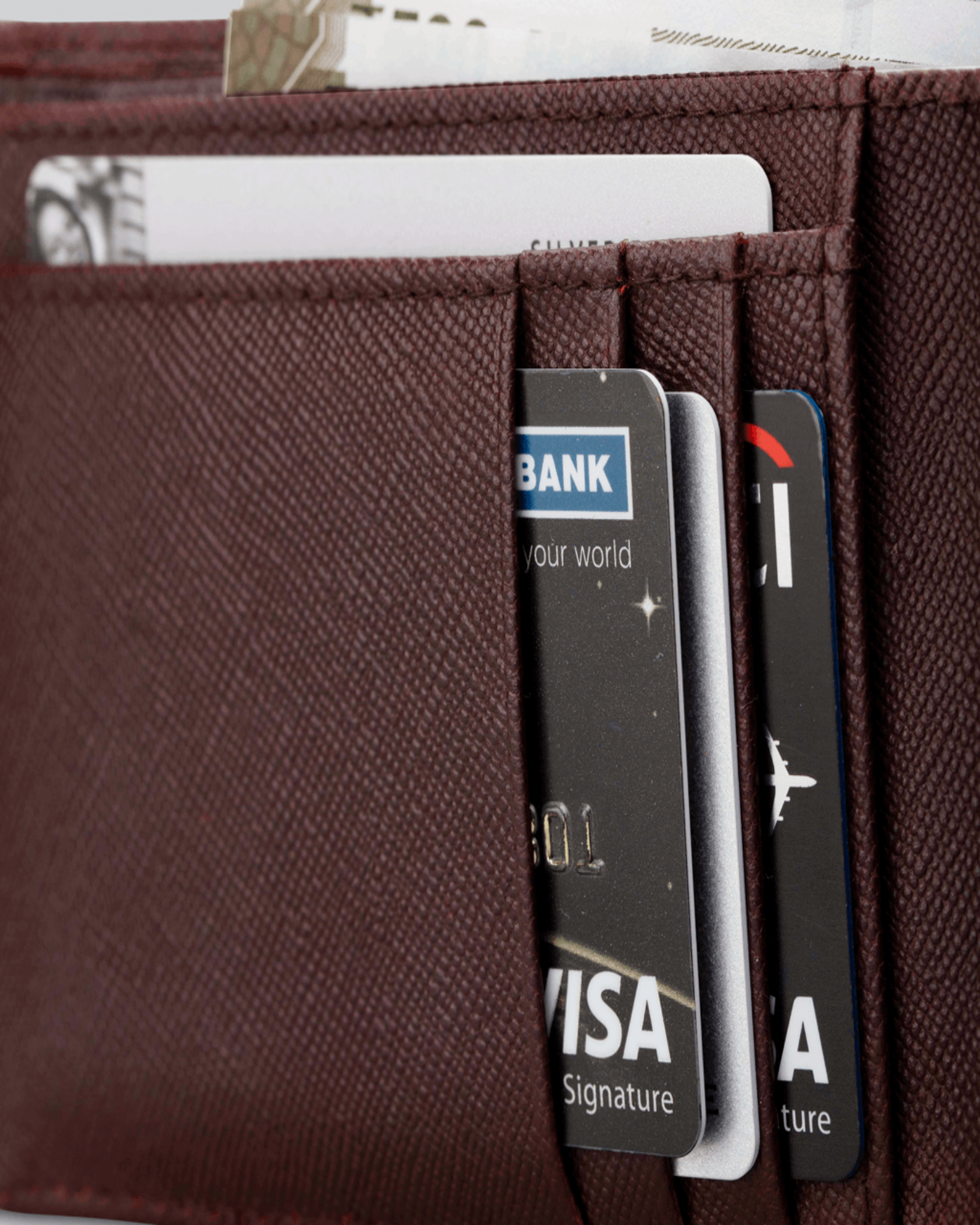 GARRTEN 319 saffiano leather wallet in chocolate — five card slots with hidden pocket view, white background