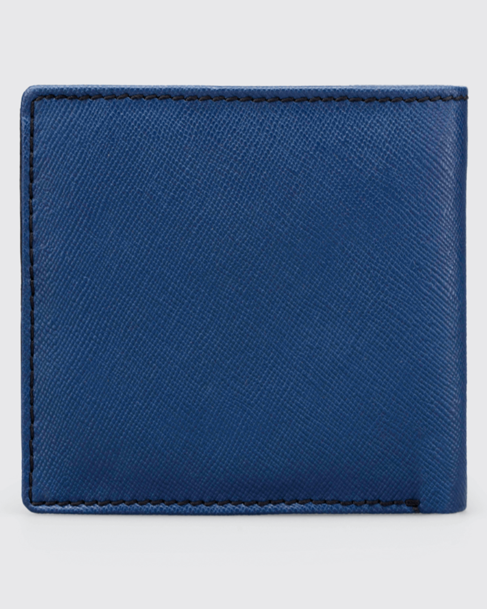 GARRTEN 319 saffiano leather wallet — Prussian blue exterior back view showing colour-block contrast with black interior